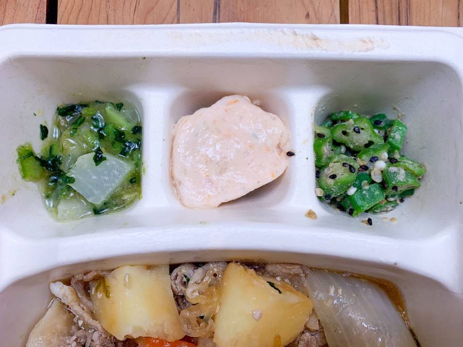 大根と小松菜のみぞれ和え､えびと豆腐のしんじょう､オクラの黒ごまだれ